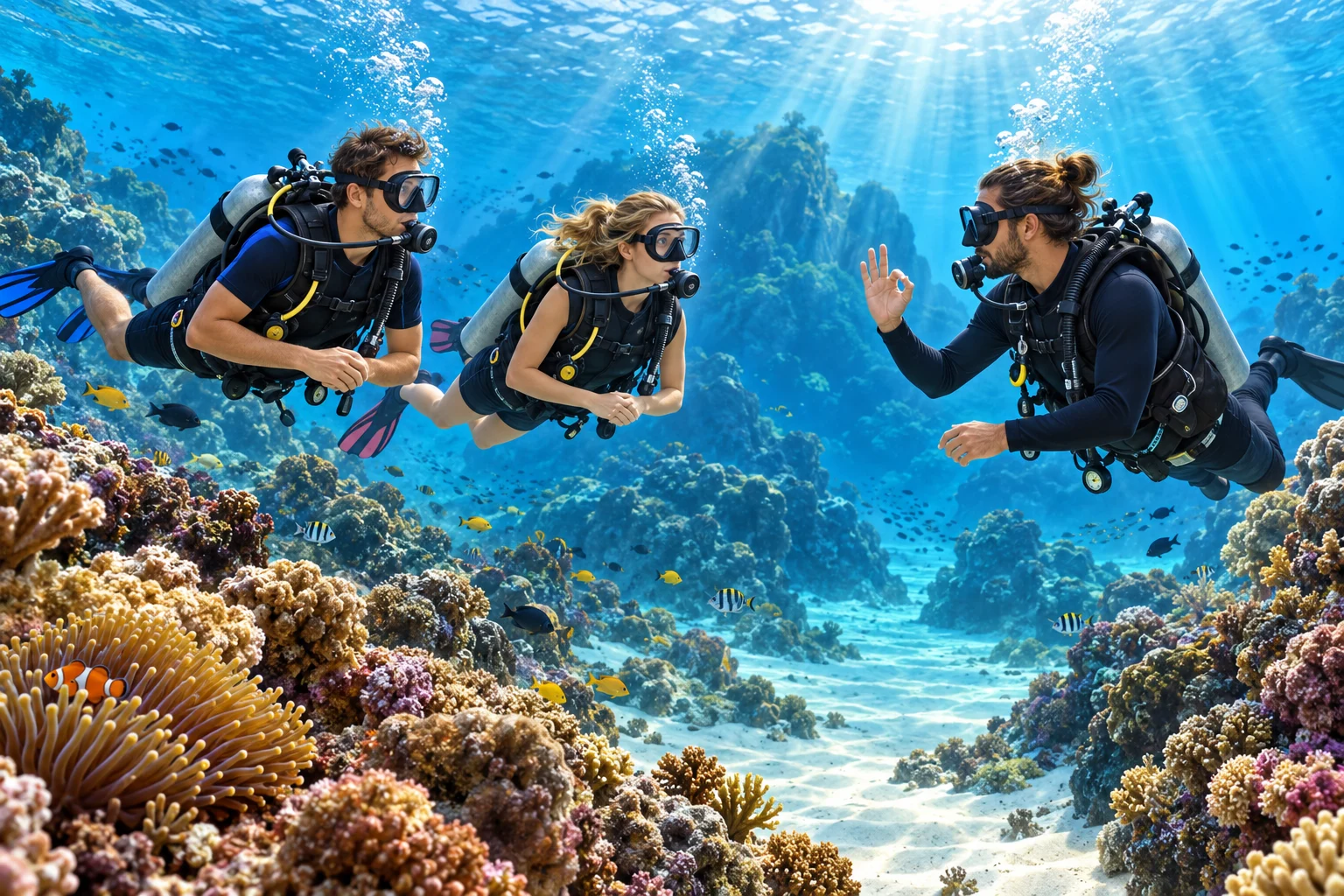 Illustration von zwei Open-Water-Tauchschülern und ihrem Tauchlehrer beim Austausch des OK-Zeichens über einem tropischen Riff.